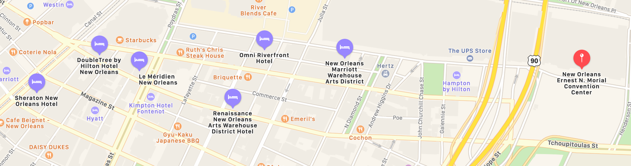A map of New Orleans showing the hotels and CHI's location at the convention center.